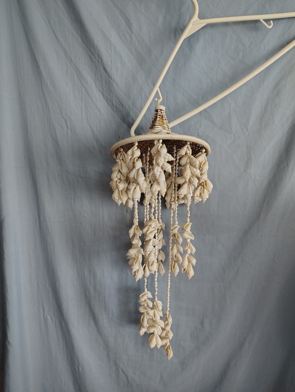 Vintage 1980s Seashell Hanging Mobile Rattan Basket Coastal Boho Beach Decor